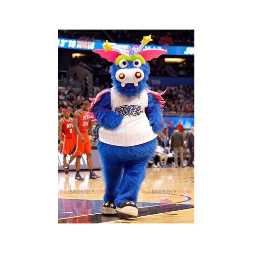 Dragon mascot blue pink and yellow all hairy - Redbrokoly.com