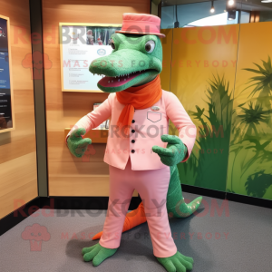 Peach Crocodile mascot costume character dressed with a Suit Pants and Scarf clips