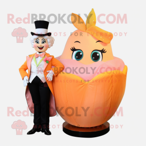 Peach Queen mascot costume character dressed with a Tuxedo and Anklets