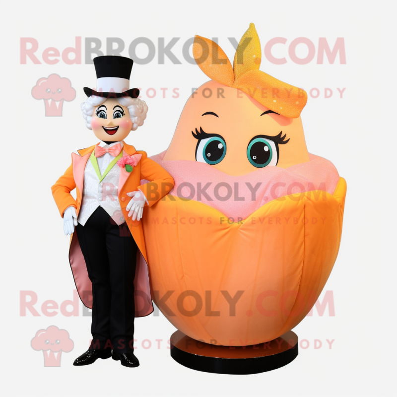 Peach Queen mascot costume character dressed with a Tuxedo and Anklets Peach Queen mascot costume character dressed with a Tuxedo and Anklets