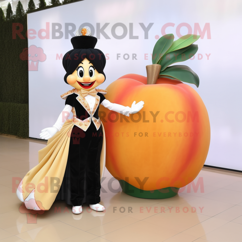 Peach Queen mascot costume character dressed with a Tuxedo and Anklets Peach Queen mascot costume character dressed with a Tuxedo and Anklets