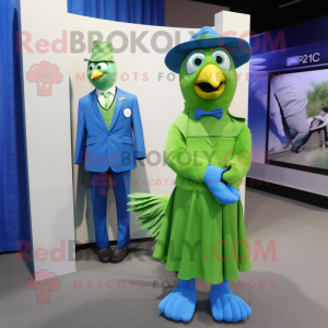 Lime Green Blue Jay mascot costume character dressed with a A-Line Dress and Pocket squares