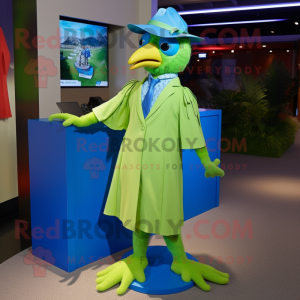 Lime Green Blue Jay mascot costume character dressed with a A-Line Dress and Pocket squares