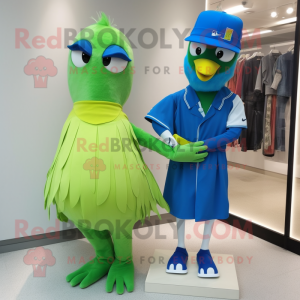 Lime Green Blue Jay mascot costume character dressed with a A-Line Dress and Pocket squares