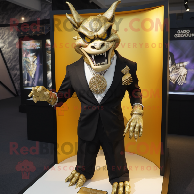 Gold Gargoyle mascot costume character dressed with a Tuxedo and Necklaces