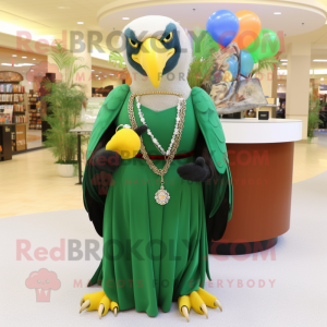 Olive Bald Eagle mascot costume character dressed with a Ball Gown and Necklaces