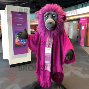 Magenta Baboon mascot costume character dressed with a Shift Dress and Shawls