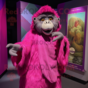 Magenta Baboon mascot costume character dressed with a Shift Dress and Shawls