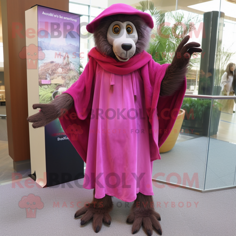 Magenta Baboon mascot costume character dressed with a Shift Dress and Shawls Magenta Baboon mascot costume character dressed with a Shift Dress and Shawls