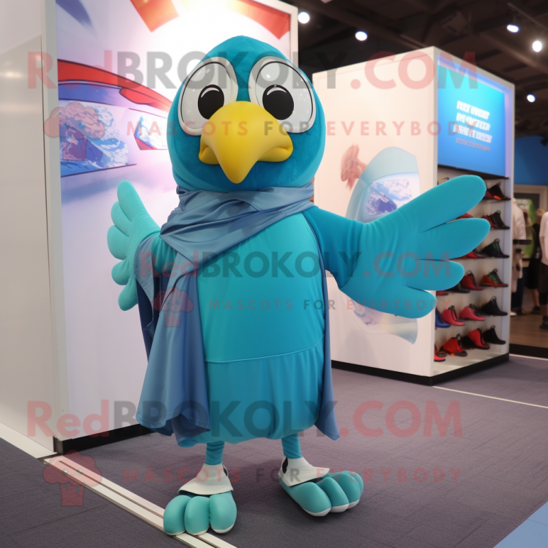 Cyan Eagle mascot costume character dressed with a Wrap Skirt and Shoe laces Cyan Eagle mascot costume character dressed with a Wrap Skirt and Shoe laces