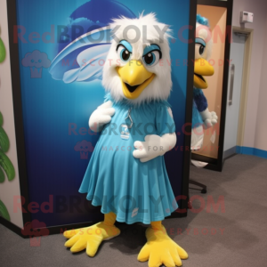 Cyan Eagle mascot costume character dressed with a Wrap Skirt and Shoe laces