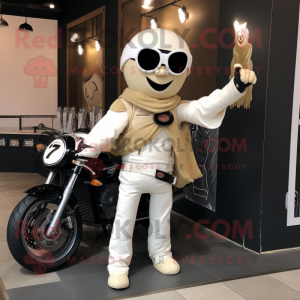 Cream Champagne mascot costume character dressed with a Moto Jacket and Scarves