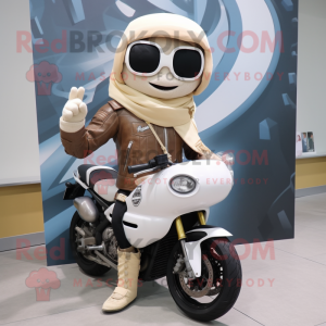 Cream Champagne mascot costume character dressed with a Moto Jacket and Scarves