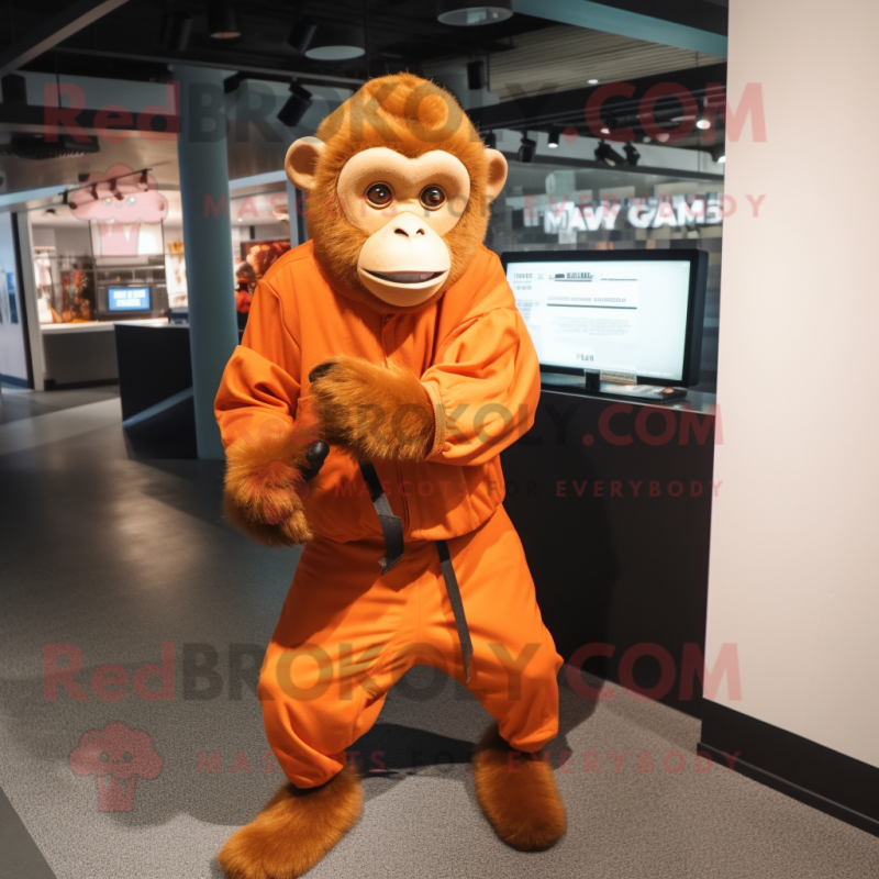 Orange Capuchin Monkey mascot costume character dressed with a Sweatshirt and Belts Orange Capuchin Monkey mascot costume character dressed with a Sweatshirt and Belts