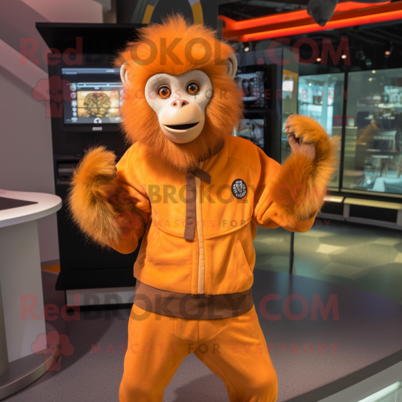 Orange Capuchin Monkey mascot costume character dressed with a Sweatshirt and Belts Orange Capuchin Monkey mascot costume character dressed with a Sweatshirt and Belts