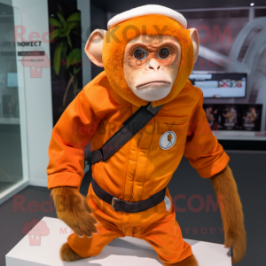 Orange Capuchin Monkey mascot costume character dressed with a Sweatshirt and Belts