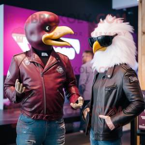 Magenta Seagull mascot costume character dressed with a Biker Jacket and Watches
