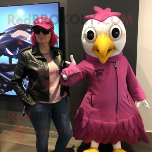 Magenta Seagull mascot costume character dressed with a Biker Jacket and Watches