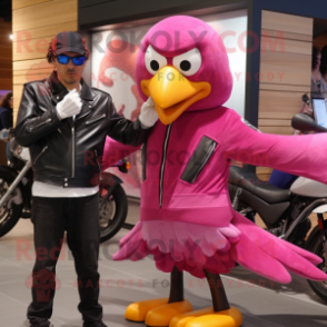 Magenta Seagull mascot costume character dressed with a Biker Jacket and Watches