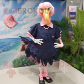 Navy Flamingo mascot costume character dressed with a Blouse and Shoe clips