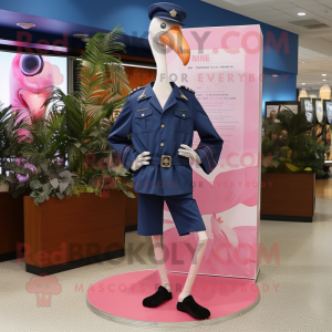 Navy Flamingo mascot costume character dressed with a Blouse and Shoe clips