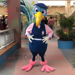 Navy Flamingo mascot costume character dressed with a Blouse and Shoe clips