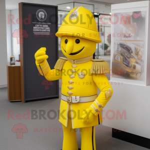Lemon Yellow British Royal Guard mascot costume character dressed with a Sweater and Hat pins