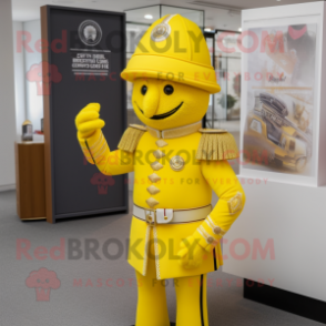 Lemon Yellow British Royal Guard mascot costume character dressed with a Sweater and Hat pins