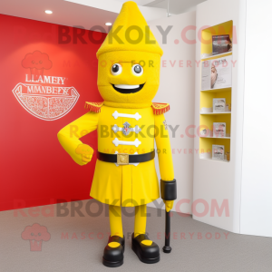 Lemon Yellow British Royal Guard mascot costume character dressed with a Sweater and Hat pins