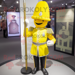 Lemon Yellow British Royal Guard mascot costume character dressed with a Sweater and Hat pins