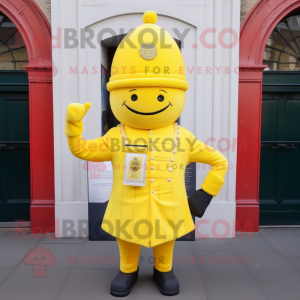 Lemon Yellow British Royal Guard mascot costume character dressed with a Sweater and Hat pins