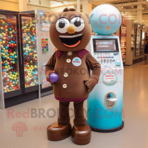 Brown Gumball Machine mascot costume character dressed with a Yoga Pants and Tie pins