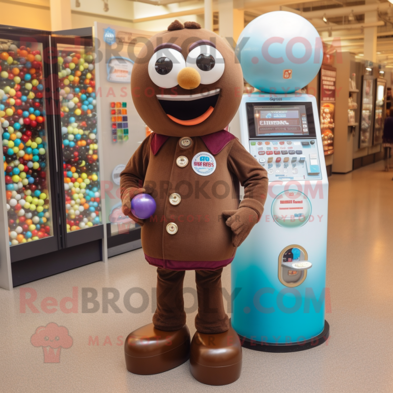 Brown Gumball Machine mascot costume character dressed with a Yoga Pants and Tie pins Brown Gumball Machine mascot costume character dressed with a Yoga Pants and Tie pins