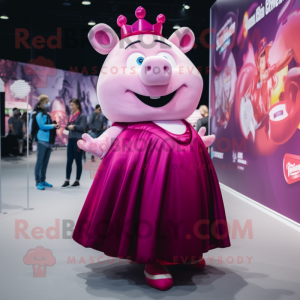 Magenta Sow mascot costume character dressed with a Ball Gown and Smartwatches