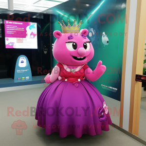 Magenta Sow mascot costume character dressed with a Ball Gown and Smartwatches