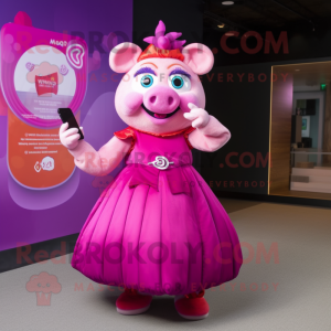 Magenta Sow mascot costume character dressed with a Ball Gown and Smartwatches
