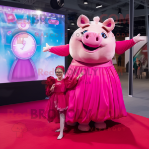 Magenta Sow mascot costume character dressed with a Ball Gown and Smartwatches