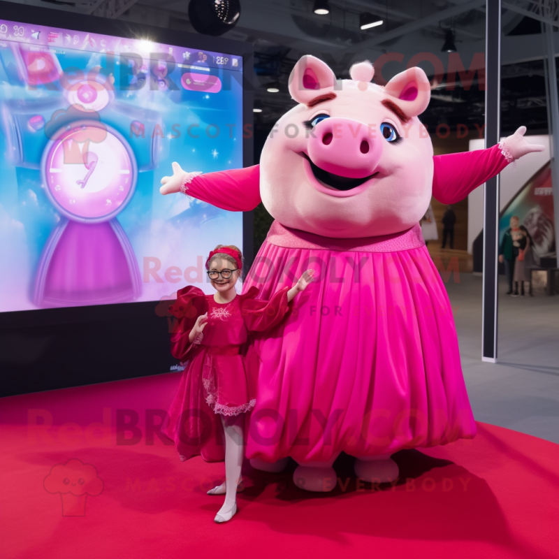 Magenta Sow mascot costume character dressed with a Ball Gown and Smartwatches