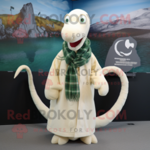 Cream Loch Ness Monster mascot costume character dressed with a Coat and Scarf clips