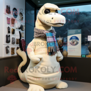 Cream Loch Ness Monster mascot costume character dressed with a Coat and Scarf clips