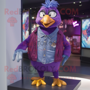Purple Pigeon mascot costume character dressed with a Flare Jeans and Necklaces