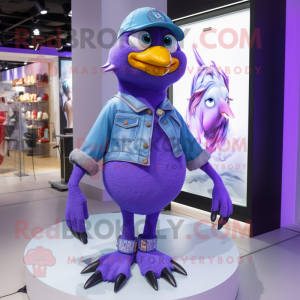 Purple Pigeon mascot costume character dressed with a Flare Jeans and Necklaces