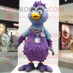 Purple Pigeon mascot costume character dressed with a Flare Jeans and Necklaces
