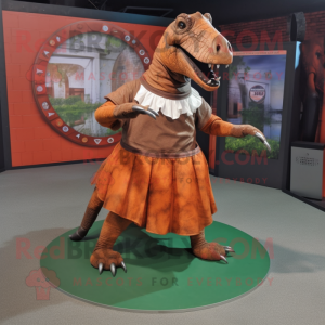 Rust Iguanodon mascot costume character dressed with a Circle Skirt and Foot pads