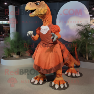 Rust Iguanodon mascot costume character dressed with a Circle Skirt and Foot pads