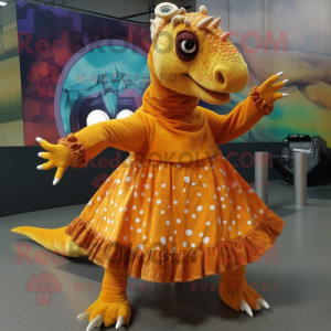 Rust Iguanodon mascot costume character dressed with a Circle Skirt and Foot pads