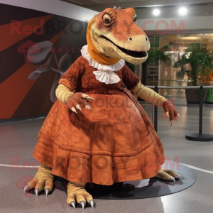 Rust Iguanodon mascot costume character dressed with a Circle Skirt and Foot pads