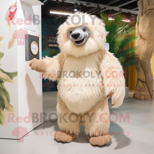 Cream Sloth Bear mascot costume character dressed with a Bodysuit and Hair clips