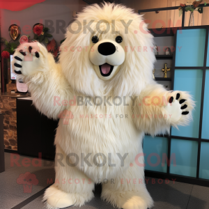 Cream Sloth Bear mascot costume character dressed with a Bodysuit and Hair clips