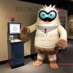 Cream Cyclops mascot costume character dressed with a Sweater and Bracelet watches